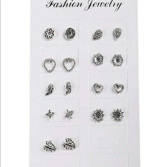 SILVER 9 pairs Heart & Flower Stud Earrings - Picture 2 of 2